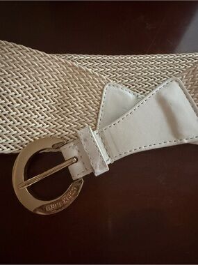 Anne Klein Cream Woven Stretch Belt with Gold-Tone Round Buckle